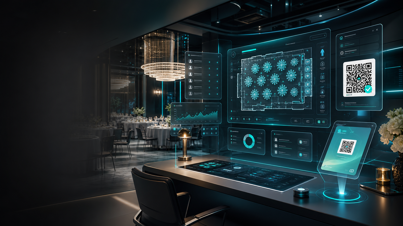 Panel futurista para administrar eventos con mapa de mesas y QR