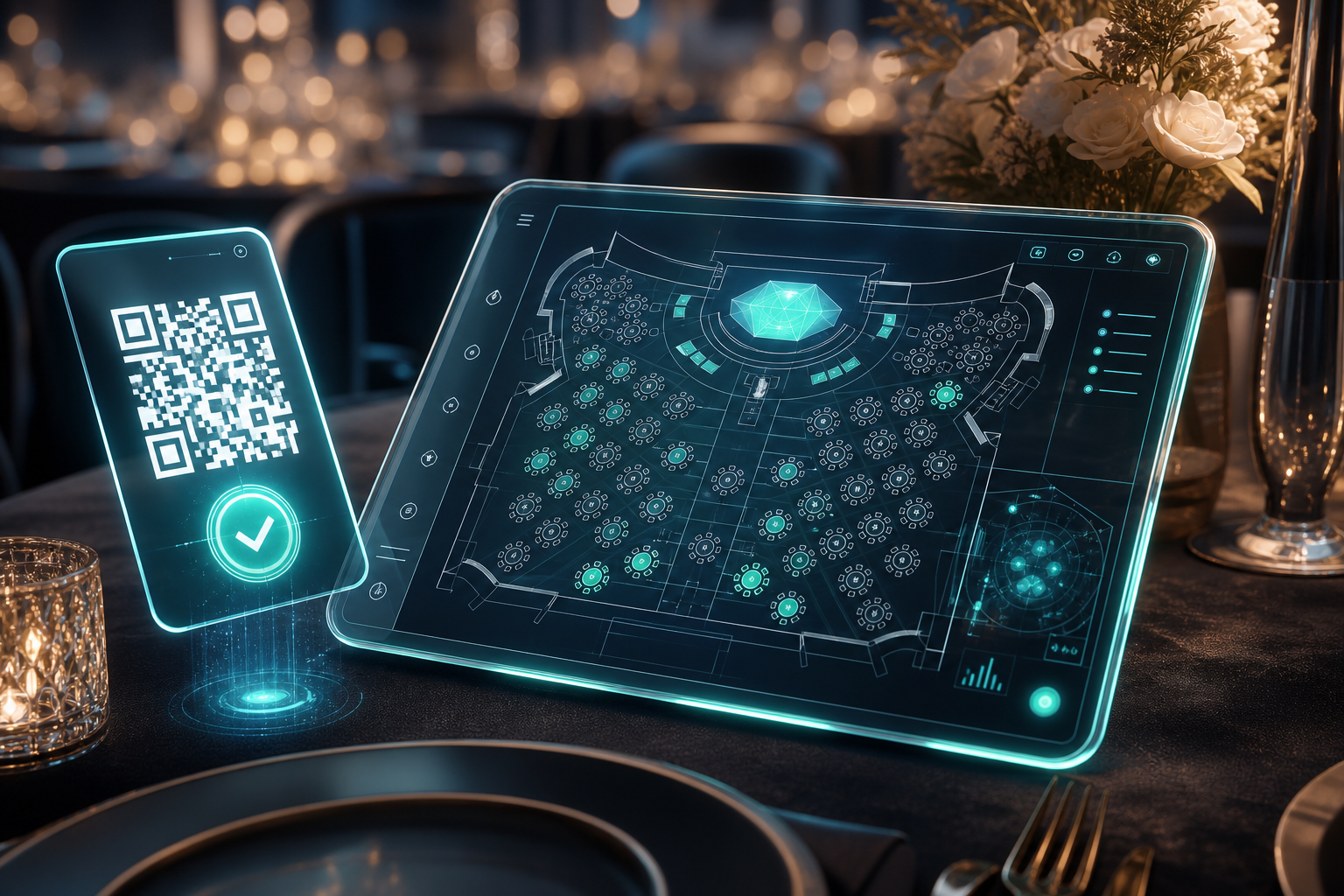Tablet futurista con mapa de mesas y pase QR